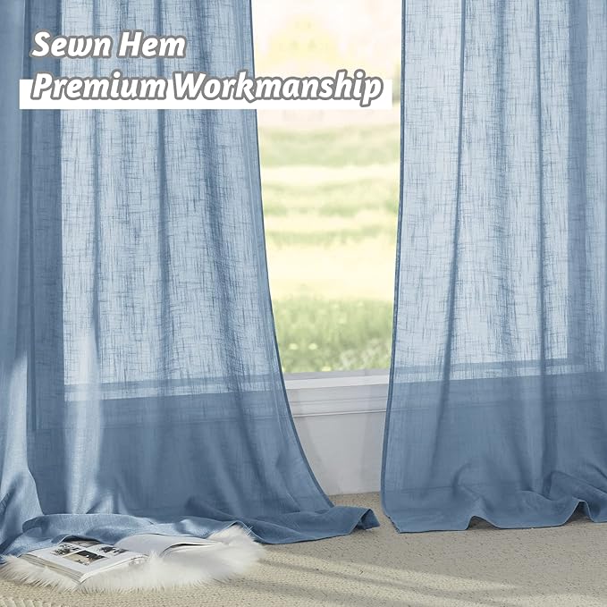 RYB HOME Semi Sheer Curtains 95 inches Length for Windows Sunlight Filering Privacy Protect Soft & Vertical Rod Pocket Drapes for Bedroom Living Room Dining, Blue Haze, W 52 x L 95 inch, 2 Panels