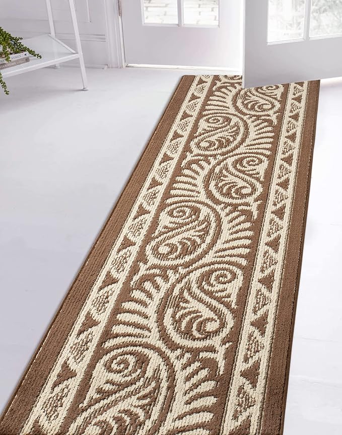 Custom Length Cut to Size Tribal Ethnic Southwestern Inspired Hallway Runner Rug, Non Slip Rubber Backed, 31 inch Wide X Customized Length, Mayan Brown, 31 inch X 13 feet