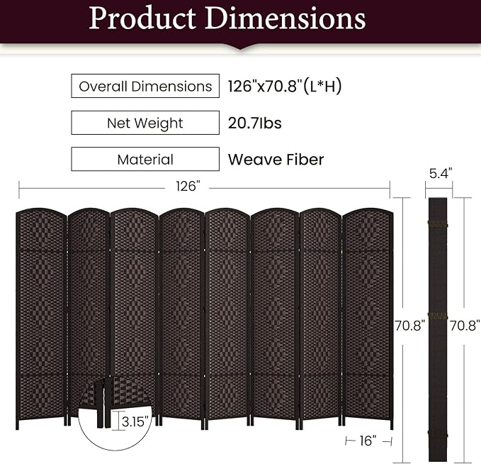 Rose Home Fashion 6 ft Tall Room Divider, Room Dividers and Folding Privacy Screens, 15.7in Privacy Screen 8 Panel Partition Temporary Wall Separation for Private, Dark Coffee