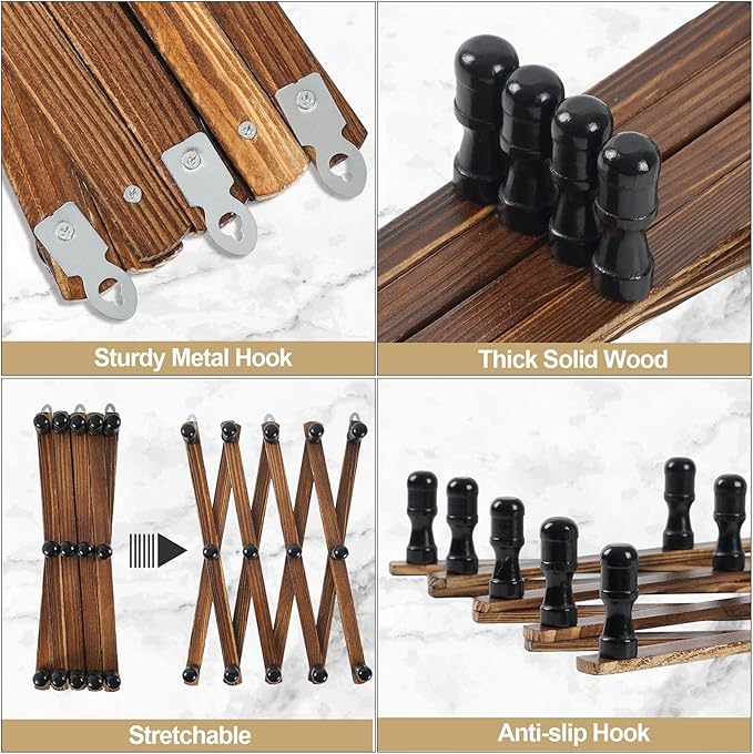 WGFKVAS Accordion Wall Hanger with 14 Hooks - 2Pcs Expandable Coat Rack Wall Mount - Wood Wall Hanger for Baseball Caps, Coats & Bags, Coffee Mug, Jewelry
