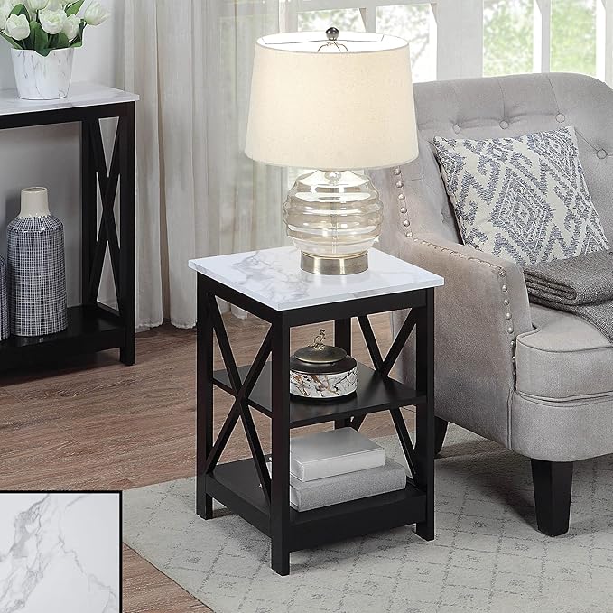 Convenience Concepts Oxford End Table 15.75" - Modern Living Room Table with Storage Shelves, Transitional Nightstand Side Table for Home Decor and Display, White Faux Marble/Black