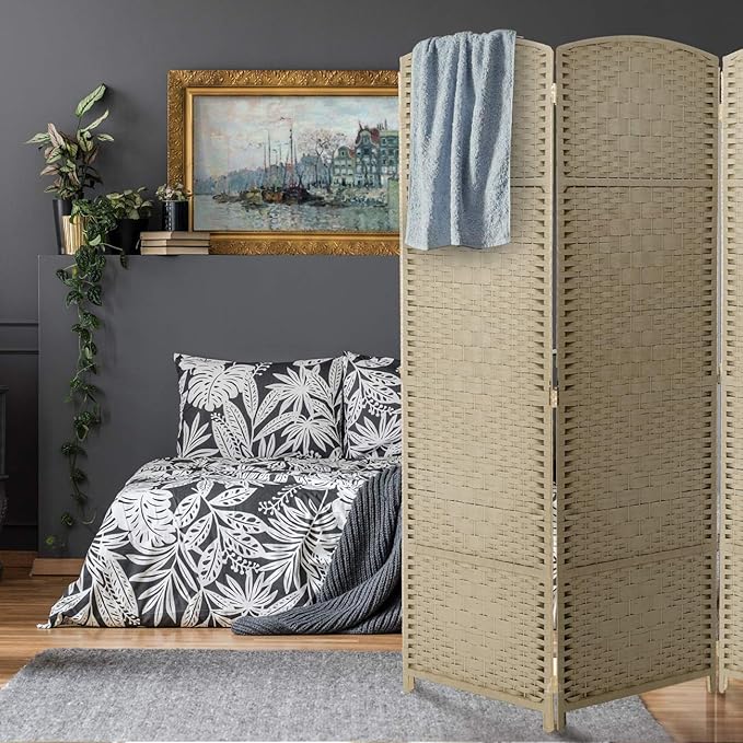 Sorbus Room Divider 6 ft. Tall - Privacy, Extra Wide Double Hinged Panels, Mesh Hand-Woven Design, Partition Room Dividers and Folding Screens, Wall Divider for Room Separation, Beige Wicker, 8 Panel