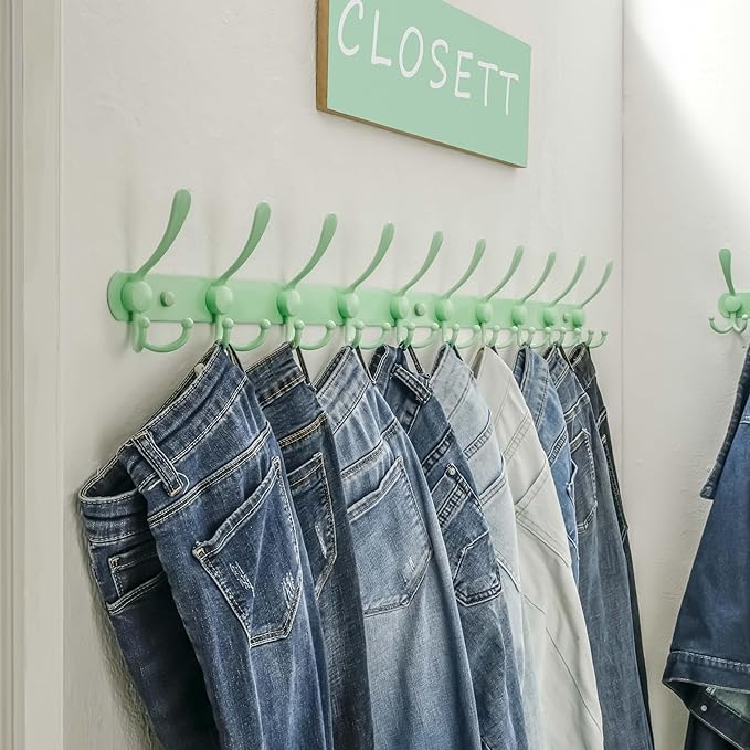 Dseap Coat Rack Wall Mount - 38” Long 10-Tri-Hooks Heavy Duty Coat Hanger Rail Wall Hooks for Hanging Coats Hats Clothing Clothes Purse Mudroom Entryway, Green, Pack of 2