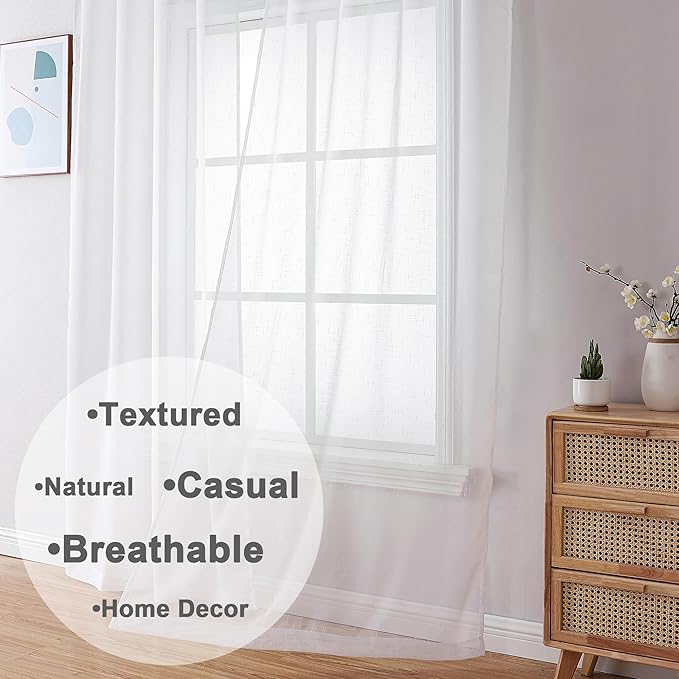 Aiyufeng Kirei Faux Linen White Sheer Curtains 84 Inches Long 2 Panels Set, Light Filtering Slub Textured Farmhouse Rod Pocket Sheer Curtain Drapes for Living Room Bedroom, Each 40Wx84L Inch