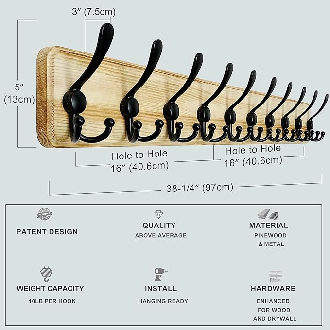 Dseap Coat Rack Wall - Heavy-Duty 38-1/4" Long, with Reinforced 10 Custom Tri-Hooks, Solid Wood Wall Hanger for Coats Hat Jackets - Rustic Farmhouse Entryway Storage, Light Brown & Black, Pack of 2