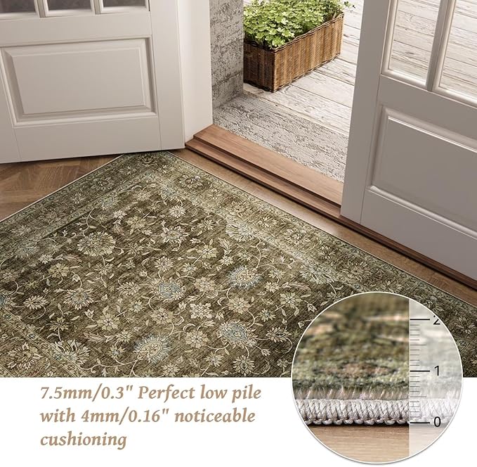 Washable 3x5 Entryway Rug Indoor, Boho Non-Slip Silicone Backing Small Rugs for Kitchen Nursery Office Bedroom, 0.3" Neutral Oriental Throw Carpet with 0.16" Cushioning Pad, Flaxen/Multi