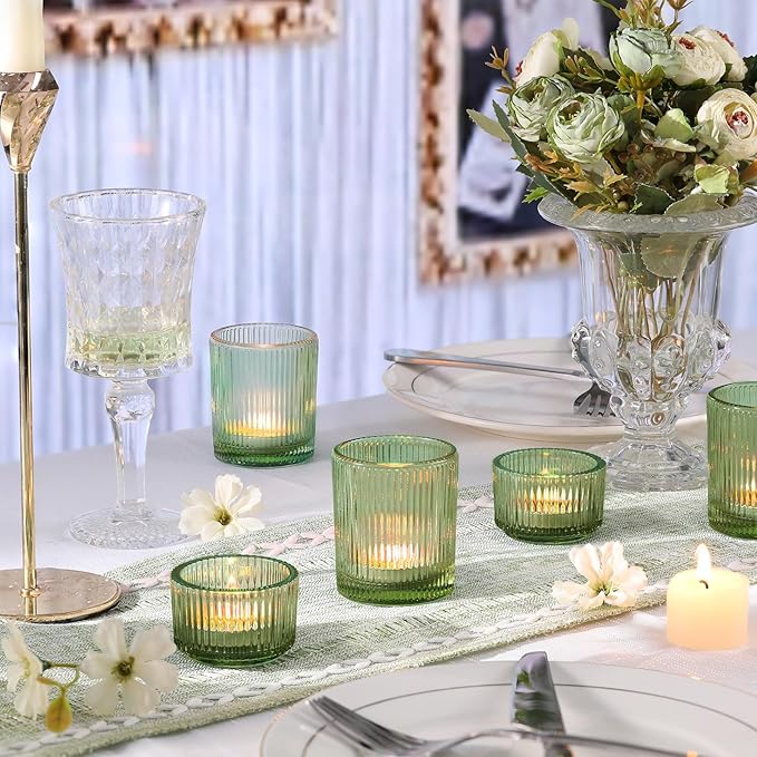 20pcs Ribbed Green Votive Candle Holders, Assorted Tea Light Candle Holder Glass for Wedding Table Decor, Green Candle Holders for Table Centerpieces, Brithday and Tea Party Decorations