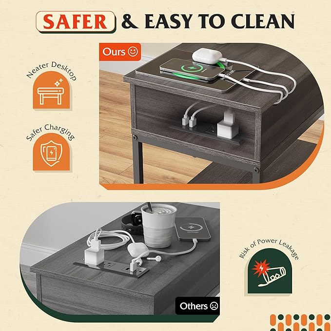 WLIVE Small Side Tables with Charging Station, Narrow End Table for Bedroom/Living Room, Sofa Couch Side Table with Storage for Small Spaces, Home Office, USB Ports and Outlets, Grey
