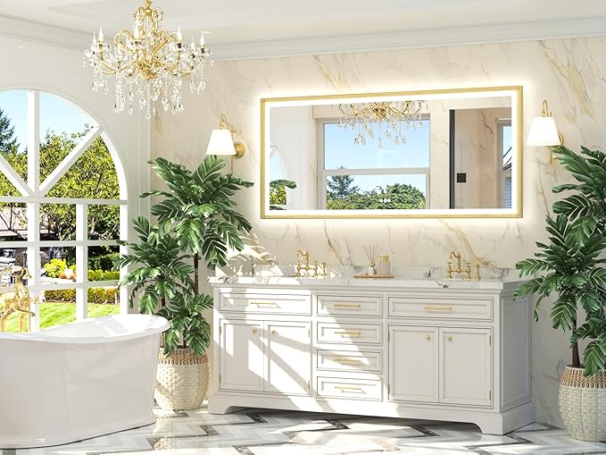 TETOTE Gold LED Bathroom Mirror with Lights 72x32 Front & Back Light Vanity Framed Mirror Baroque Anti Fog Dimmable White/Warm/Natural,CRI90+,Waterproof,Wall Mounted(Horizontal/Vertical)