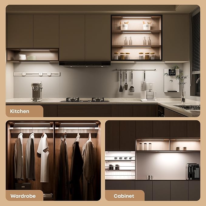 Under Cabinet Kitchen Lights, Motion Sensor Dimmable 30cm 2200mAh 6500K LED Under Counter Rechargeable Wardrobe Indoor Night Lights for Kitchen Shelf Stairs Closet 2 Pack