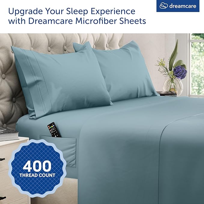 DREAMCARE Queen Size Sheets - Cooling Bed Sheets - 4pcs Set - up to 15" Deep Pocket Queen Sheet Set - Sheets Queen Size Bed - Soft & Long Lasting 100% Fine Microfiber with Side Pocket - Mineral Blue