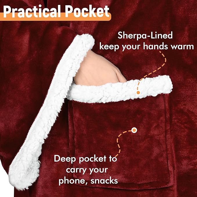Catalonia Sherpa Wearable Blanket with Sleeves & Foot Pockets for Adult Women Men, Comfy Snuggly Wrap Sleeved Throw Blanket Robe, Gift Idea, Wine