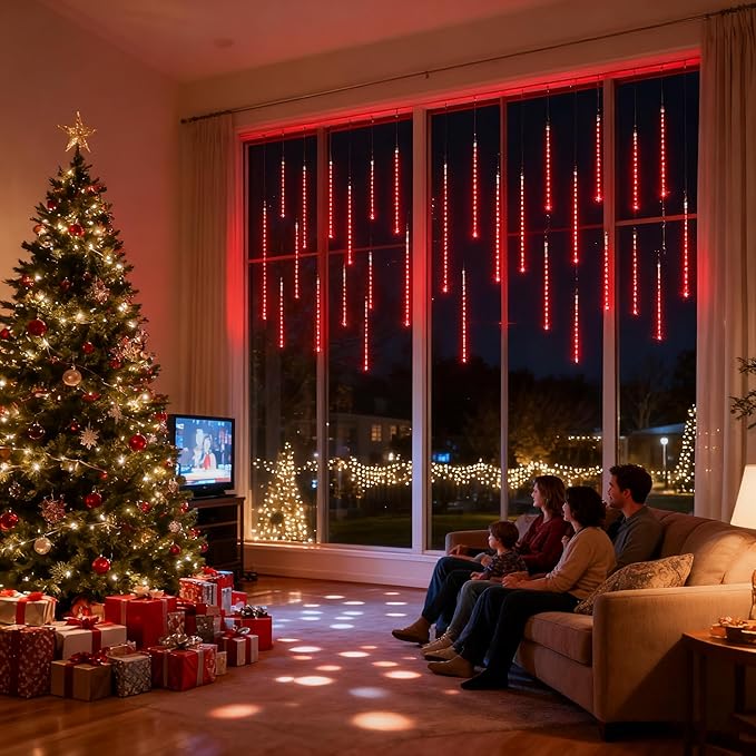 Joomer Christmas Lights Outdoor, 11.8 inch 10 Tubes 240 LED Meteor Shower Lights, LED Snow Falling Icicle Cascading Light with Timer Waterproof and Connectable for Christmas Decoration (Red)