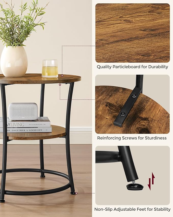 VASAGLE Side Table, 2-Tier Round End Table, Nightstand with Steel Frame for Small Spaces, Living Room, Bedroom, Rustic Brown and Ink Black