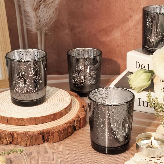 24 Pcs Black Votive Candle Holders, Speckled Mercury Black Glass Candle Holder Bulk for Wedding Centerpiece Table Decor, Tea Lights Candle Holder for Valentines Day Decor, Home Decor