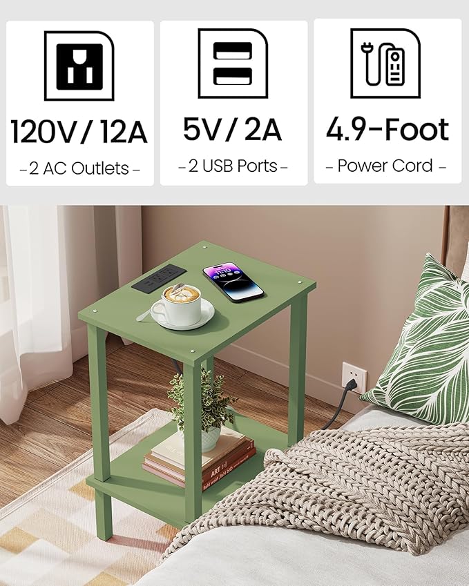 TUTOTAK End Table with Charging Station, Set of 2, Small Side Table with Outlets, Nightstand Bedside Table, 2-Tier Storage Shelf for Small Space, Living Room, Bedroom Olive Green TB01BOG041