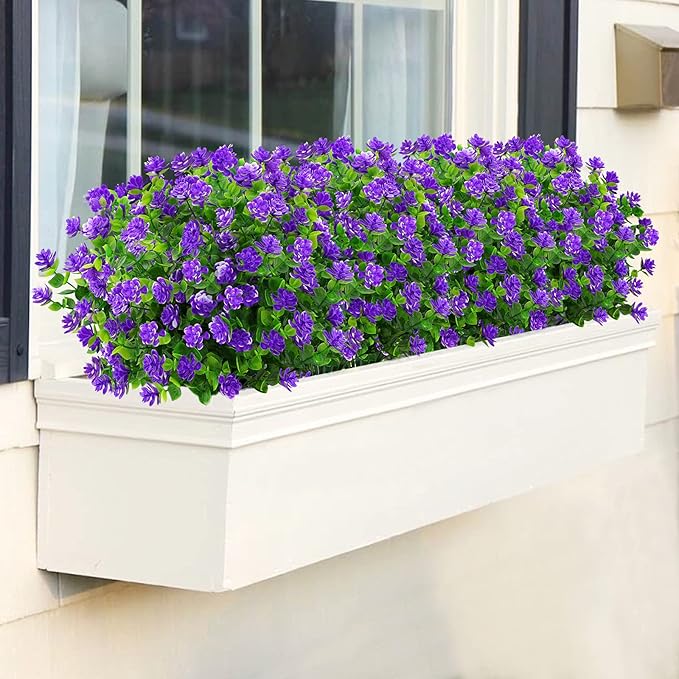 GREENRAIN Artificial Flowers Outdoor Fake Flowers for Decoration UV Resistant No Fade Faux Plastic Plants Garden Porch Window Box Décor (6 Bundles, 3#Purple)