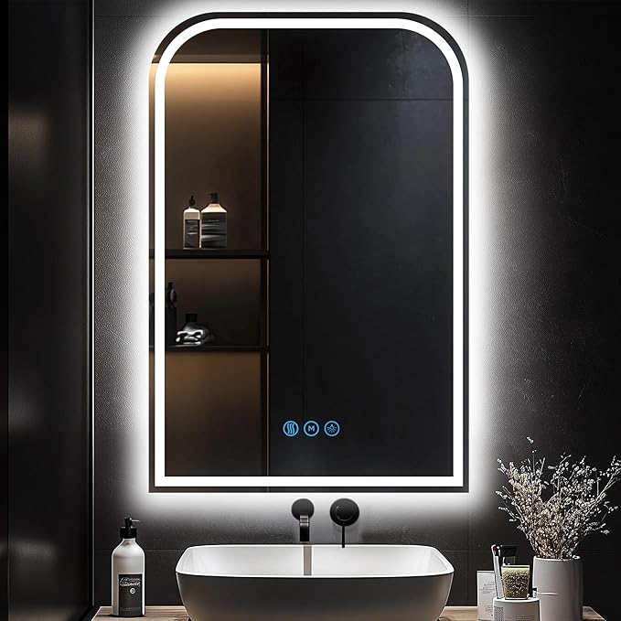 LED Bathroom Mirror, 24"x 36" LED Mirror with Lights for Bathroom, Lighted Vanity Mirrors for Wall, Anti-Fog, Dimmable, Tempered Glass, Memory Function, 3 Colors, Safe Use (White)