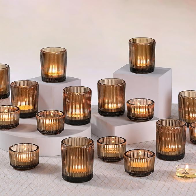 20pcs Ribbed Amber Votive Candle Holders, Assorted Glass Tea Light Candle Holders for Fall Decor, Amber Candle Holders for Wedding Centerpieces, Thankgiving and Christmas Decorations