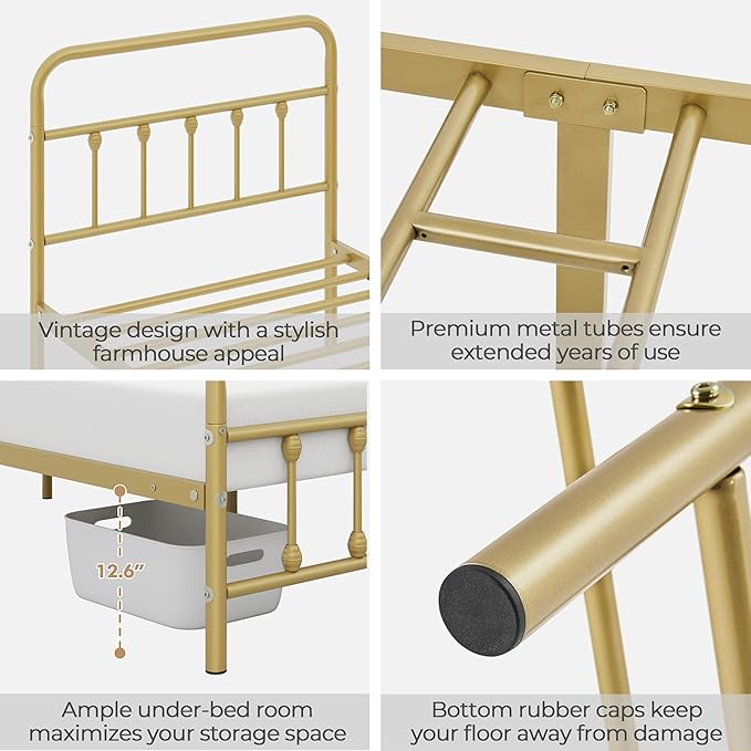 Yaheetech Classic Metal Platform Bed Frame Mattress Foundation with Victorian Style Iron-Art Headboard/Footboard/Under Bed Storage/No Box Spring Needed/King Size Antique Gold