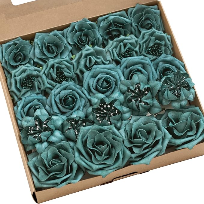 Ling's Moment Artificial Flowers Fake Roses Faux Foam Flower Combo for DIY Wedding Bouquets Centerpieces Arrangements Bridal Shower Party Home Decorations, Dark Teal, 24pcs