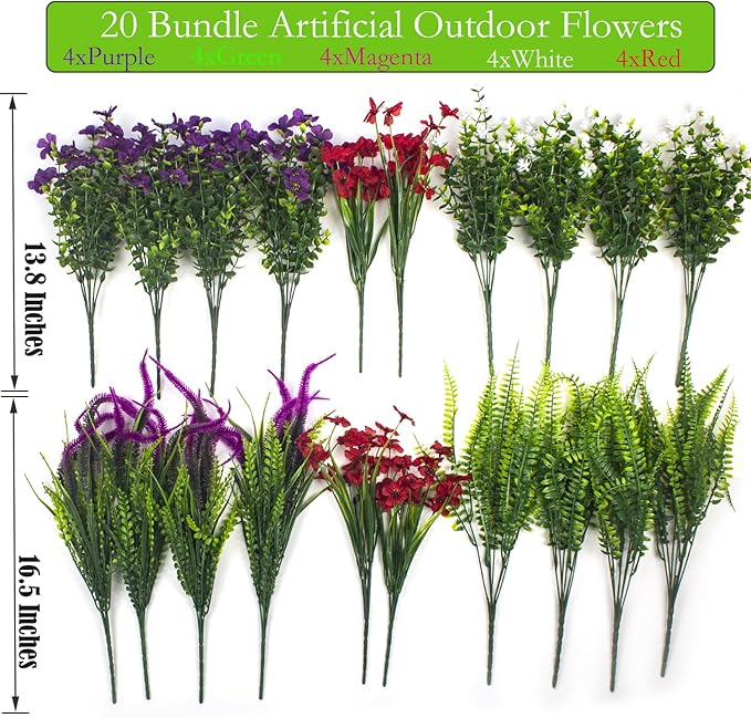 20Pcs Artificial Flowers for Outdoor UV Resistant & Waterproof, Realistic Fade-Proof Faux Greenery Shrubs Hanging Plants for Garden Porch Yard Lawn Patio Decorations (Vibrant Colors)