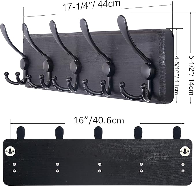 SKOLOO Coat Rack Wall Mounted - Pack of 2, Wooden, Heavy Duty, Rustic Coat Hooks for Wall, 16'' Hole to Hole, Wall Coat Rack with 5 Triple Hooks for Hanging Clothes, Jacket, Hat(Black)