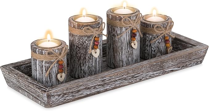 Farmhouse Coffee Table Decor Candle Holder - Romadedi Boho Wooden Tray with 4 Tealight Candles Holders for Tables Centerpiece Home Decorations Living Room Fireplace Whitewashed