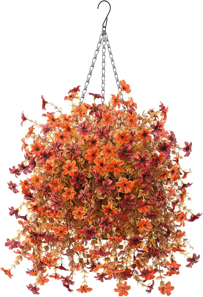 INQCMY Fall Artificial Faux Hanging Flowers Plants Basket for Outdoor Outside Decoration,Fake Silk Daisy in Planter Realistic UV Resistant for Home Porch Balcony Patio Yard Autumn Decor（Orange Brown）
