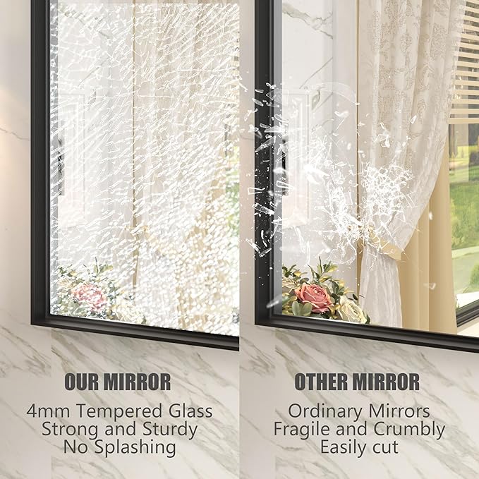 30x36 Inch Black Metal Framed Bathroom Mirror for Wall, Matte Black Rectangle Mirror with Square Corner, Anti-Rust, Shatterproof (Horizontal/Vertical)