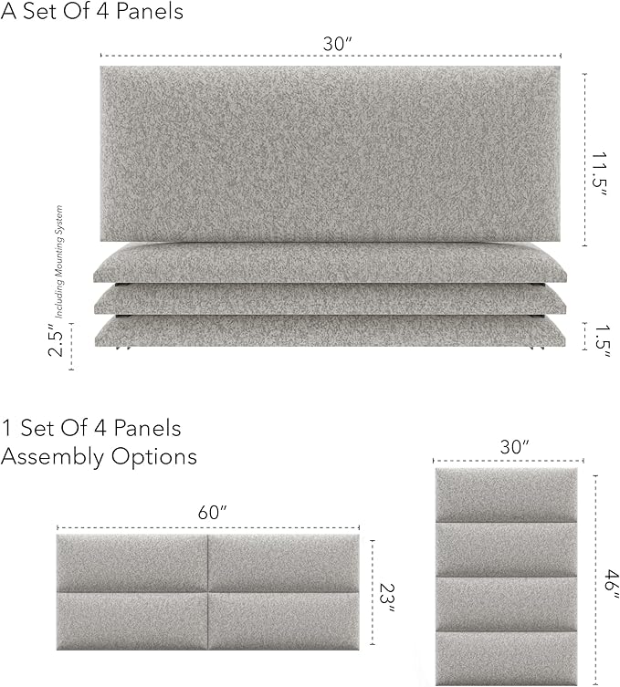 Vänt Upholstered Wall Panels - Queen/Full Size Wall Mounted Headboards - Faux Merino Wool Grey - Set of 4 Panels (Each Individual Panel 30"x11.5")