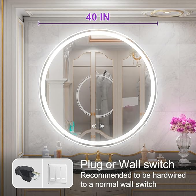 40 Inch Large Round Lighted Bathroom Mirror, Circle Vanity Mirror with Lights, Wall Mounted, Dimmable, Memory, Anti-Fog, 6000K