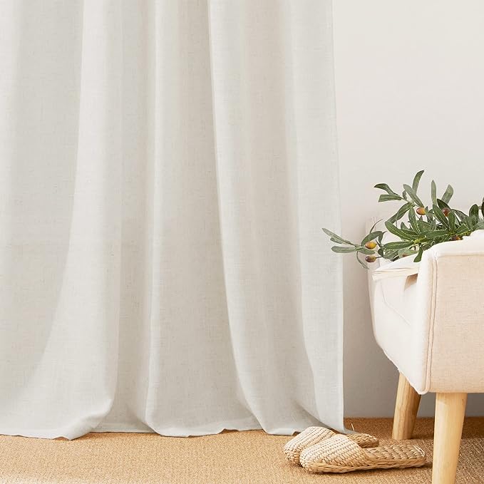 RYB HOME Thick Linen Curtains, Extra 66 inches Widith Light Filtering Semi Translucent Farmhouse Window Treatments for Home Office Living Room Bedroom, W 66 x L 95 inches, Linen, 2 Panels