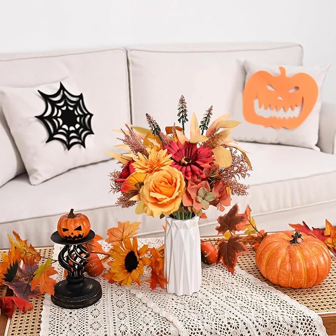 Artificial Fall Flowers Bouquet for Decoration, Fall Fake Silk Flower Arrangements Faux Autumn Flowers Fall Decorations for Home Indoor Office Wedding Bride Bouquets Tables Centerpieces Fall Decor