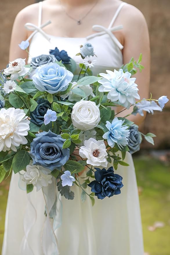Blue Artificial Flowers Combo Box Set Silk Flowers Fake Rose for DIY Floral Arrangements Wedding Bouquets Centerpieces Baby Shower Party Home Decorations