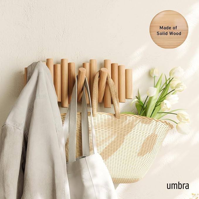 Umbra Picket 5 Hooks, Wall-Mounted Rail, Doubles as Art, Beveled Pine Wood Dowels, Natural Finish