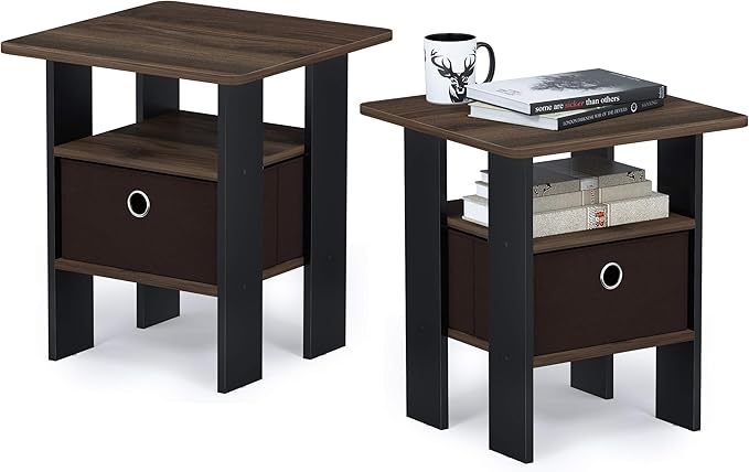 Furinno Andrey Side Table, Set of 2 End Table, Night Stand with Open Shelves and Storage Bin, Bedside Table, for Living Room, Bedroom, Amber Pine