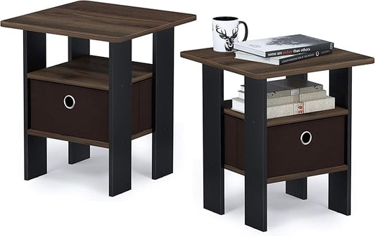 Furinno Andrey Side Table, Set of 2 End Table, Night Stand with Open Shelves and Storage Bin, Bedside Table, for Living Room, Bedroom, Amber Pine