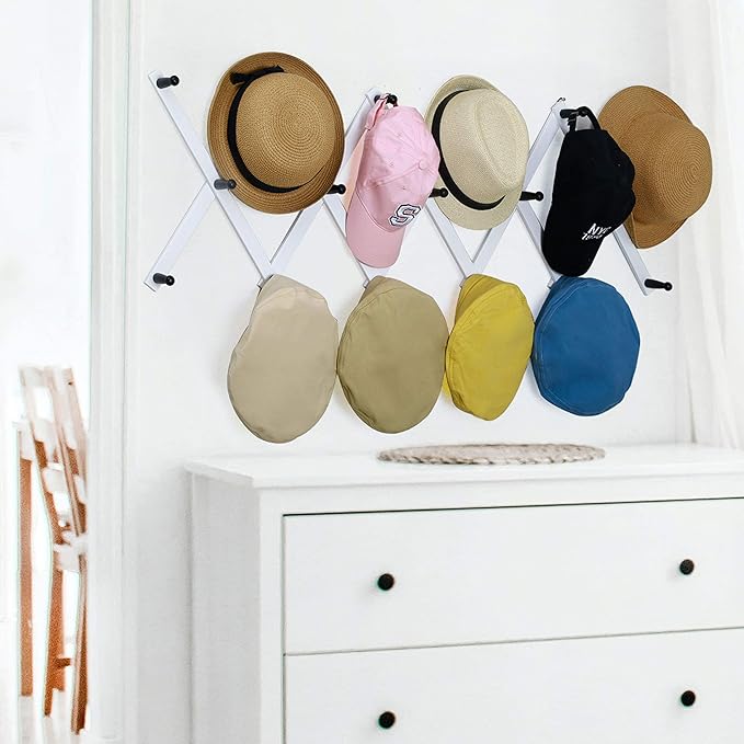 WEBI Accordion Wall Hanger,Expandable Wooden Hat Rack for Wall Mounted Coat Rack,Accordion Hat Hooks Holder for Baseball Caps,17 Peg Hooks,Black on White