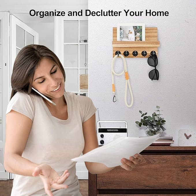 Key Holder for Wall, Decorative Key and Mail Holder with Shelf Has Large Key Hooks for Bags, Coats – Paulownia Wood Key Hanger with Mounting Hardware (9.8”W x 6.7”H x 4.2”D) (Burnt Wood)