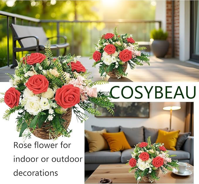 Artificial Flowers 25pcs Fake Roses, Red Foam Rose Faux Flower for DIY Wedding Bouquets Bridal Shower Centerpieces Floral Arrangements Home Decorations Party Backdrops Table