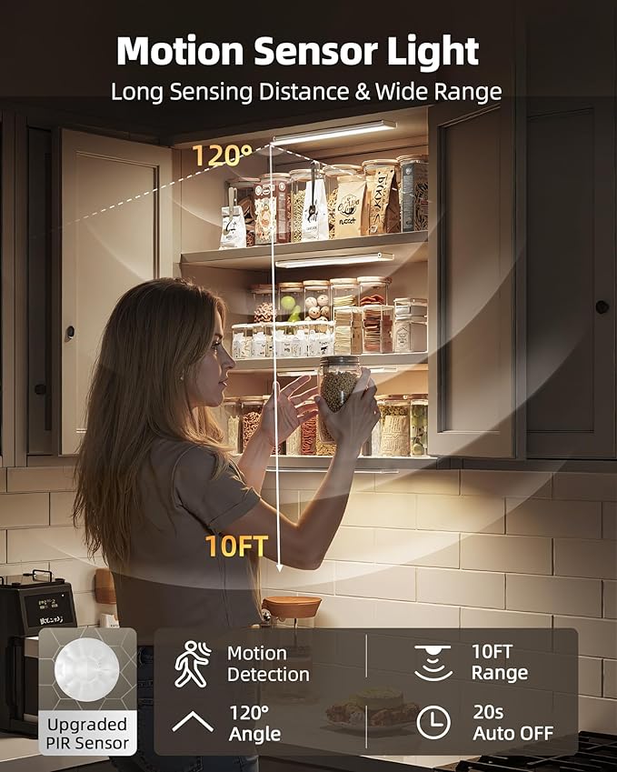 Under Cabinet Lighting, 12inch Rechargeable Motion Sensor Light Indoor, 1800mAh Battery Operated Closet Lights, with Dimmable & 3 Color Temps, Wireless Under Counter Lights for Kitchen,Stairs(6Pack) ﻿