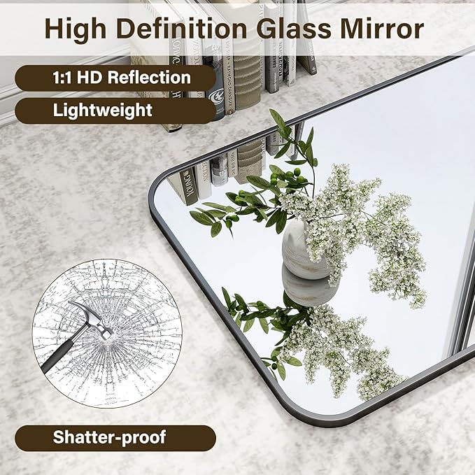 HARRITPURE Rectangular Bathroom Mirror 38''x26'' Black Bathroom Wall Mirror Aluminum Frame Wall-Mounted Mirrors for Entryway Bedroom Living Room