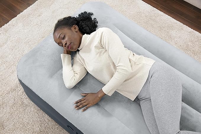 SleepLux Twin Air Mattress Supersoft Snugable Top Extra Durable Tough Guard with Built-in Pillow Raised 15" Airbed with Built in Pump + USB Charger Twin 15", Small, Grey