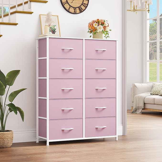YITAHOME 10 Drawer Dresser - Pink Fabric Storage Tower, Organizer Unit for Living Room, Hallway, Closets - Sturdy Steel Frame, Wooden Top & Easy Pull Fabric Bins