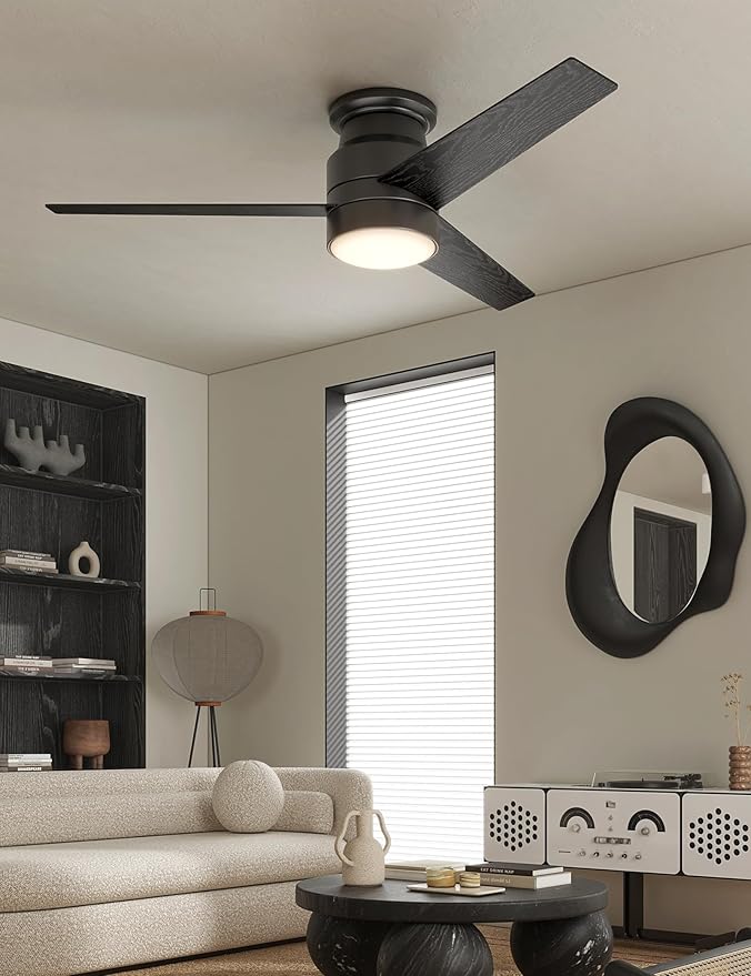 warmiplanet Flush Mount Ceiling Fan with Lights Remote Control, 52-Inch, Black, 3-Blades