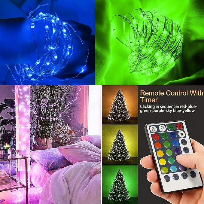 TenSteed Fairy Lights Battery Operated Twinkle Lights with Multicolor Changing, 50 LED, 16.4Ft Silvery Copper Wire, Remote Included. Perfect for Party, Wedding, Christmas Décor - 2 Pack