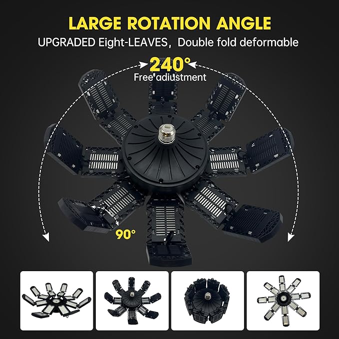 LED Garage Light,Super Bright Screw in E26/E27 Ceiling Shop Work Lamp, 350W 35000 Lumen Deformable Basement Bulb Fixture with 16+1 Adjustable Panels, Lighting for Workshop, Attic