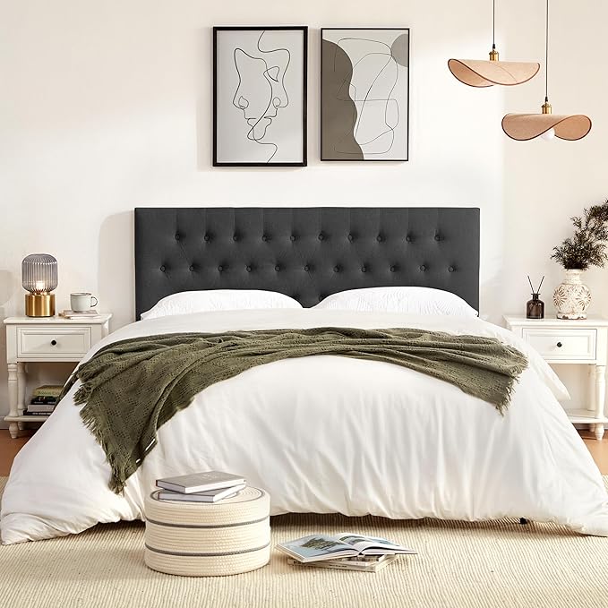 Tufted Upholstered Headboard Twin Size, Solid Wood Head Board with Durable Metal Legs, Adjustable Height Twin XL headboard from 37” to 51” Fabric Headboard in Modern Button Design, Black