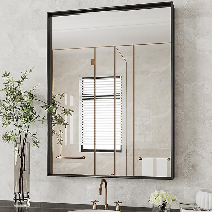 Suidia Bathroom Mirror, 24" x 32" Wall Mirror Metal Framed, Bathroom Vanity Mirror for Living Room Bedroom Bathroom Entryway, Black, Rect Corner Style